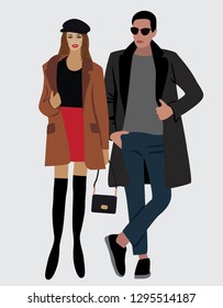 Vector beauty illustration of modern  pretty woman in coat and handsome confident man  in black coat.  Romantic couple. Fall winter collection. Flat graphic