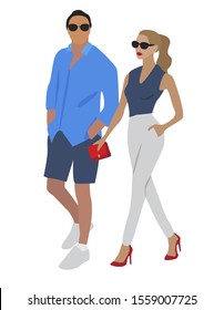 Vector beauty illustration of modern  pretty woman in summer dress and  and handsome man in summer outfit.  Romantic love couple. Spring summer holiday collection. Flat vacation graphic
