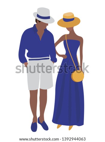 Vector beauty illustration of modern  pretty woman in summer dress and  and handsome man in summer outfit.  Romantic love couple. Spring summer holiday collection. Flat vacation graphic