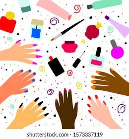 Vector beauty illustration. Top view on a table with cosmetics, manicure and hands of women of different nationalities isolated on a white dotted background. Multi-colored manicure, nail polish, cream
