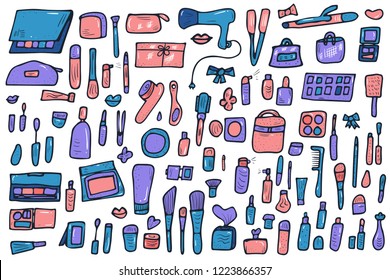 Vector beauty items. Set of doodle style cosmetic tools isolated on white background. Makeup collection.  
