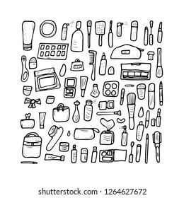Vector beauty items. Set of doodle style cosmetic tools. Makeup collection.  