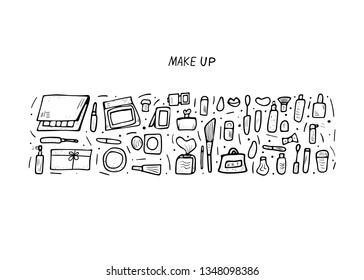 Vector beauty items. Set of doodle style cosmetic tools. Makeup collection.  