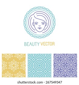 Vector beauty logo design template in trendy linear style with seamless patterns