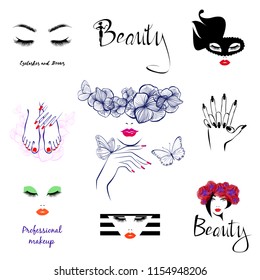 Vector Beauty Logo, fashion illustration, eyelashes and brows, hand care manicure and pedicure, nails art, circlet of flowers and butterfly, black mask, professional makeup.