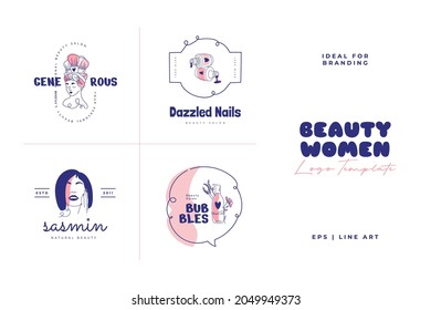 Vector beauty logo template set. For business in the industry of beauty, health, personal hygiene. Linear stylized image. Logo of a beauty salon, health industry, makeup artist.