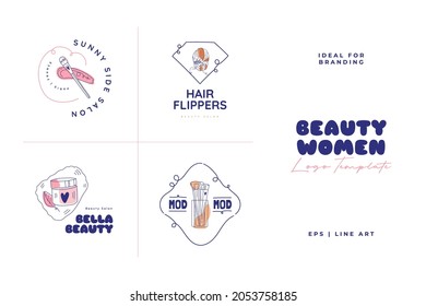 Vector beauty logo template set. For business in the industry of beauty, health, personal hygiene. Linear stylized image. Logo of a beauty salon, health industry, makeup artist.