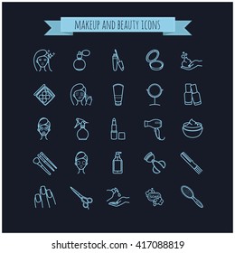 vector beauty, make up and cosmetics icons set on a black background for your design