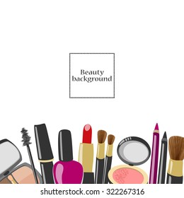 Vector beauty and makeup illustration. Cosmetics background template. Mascara, lipstick, eyeliner, blush, powder, eyeshadows, perfume, nail polish, brushes with copyspace.