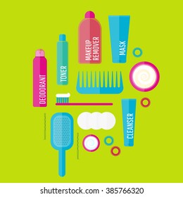 Vector beauty products illustration set in flat style. Icons of different bottles for cosmetics, face cream and eye cream, tooth brush, hair brush, deodorant. For ads, web, design. Washing, hygiene.