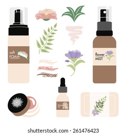 Vector beauty products on white background with flowers. Vector and Illustration design