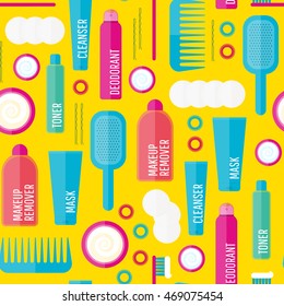 Vector beauty products seamless pattern in flat style. Icons of different bottles for cosmetics, face cream and eye cream, tooth brush, hair brush, deodorant in seamless texture. Washing, hygiene.