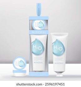 Vector Beauty Ribbon Hanger Gift Box Packaging with Cosmetic Hand Cream Tube, Mini Lip Balm Jar. H20 Waterdrop Print. White and Blue Theme.