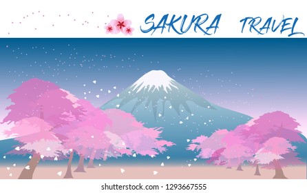 vector of beauty sakura or cherry blossoms park with mountains fuji background for travel advertising