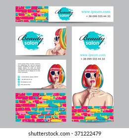 Vector Beauty Salon Card With Woman Wearing Colorful Wig. EPS