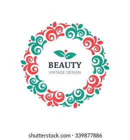 Vector beauty salon logo design template. Decorative vintage ornament, flourishes frame background. Abstract concept for floral shop, spa, natural organic cosmetics, emblem, label.