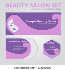 vector beauty salon set: avatar cover, business card, embloyee badge