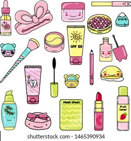 Vector beauty set. Makeup cosmetics tools and Korean cosmetics. Beauty products collection.Toner, cream, lotion, eye patches, serum, lipstick, nail polish, powder, toothpaste. Hand drawn illustration.