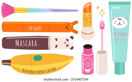 Vector beauty set. Makeup cosmetics tools and Korean cosmetics. Beauty products collection in funny shapes. Bbcream for face, lipstick, pomade, mascara, lip gloss, powder brush and hand cream