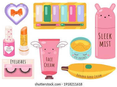 Conjunto de belleza vectorial. Herramientas de cosmética de maquillaje y cosméticos coreanos. Colección de productos de belleza. Niebla sucia, loción, parches para los ojos, bolsa cosmética, lápiz labial, esmalte de uñas, polvo, pestañas, cara y crema de mano