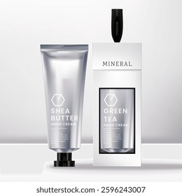Vector Beauty or Skincare Gloss Silver Metallic Cream, Shampoo, Gel or Cream Tube Ribbon Box Set with Black Screw Cap.