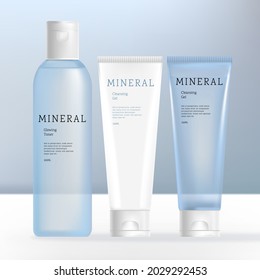 Vector Beauty or Skincare Transparent Cream, Shampoo, Gel or Cream Bottle and Tube Bundle. White and Water Blue Colors.
