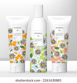 Vector Beauty or Skincare Transparent Cream, Shampoo, Gel or Cream Bottle and Tube Bundle with Floral Pattern Print.