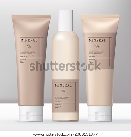 Vector Beauty or Skincare Transparent Cream, Shampoo, Gel or Cream Bottle and Tube Bundle with Beige Caps.	