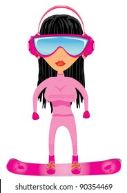 Vector beauty smiling young glamour girl with black shiny hair on snowboard. Women with big bust snowboarding on a slope and listening music.