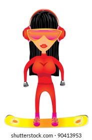 Vector beauty smiling young glamour girl with black shiny hair on snowboard. Women with big bust snowboarding on a slope and listening music.