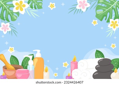 Vector beauty spa salon background template. Towels, cosmetics products, black hot stones, tropical leaves, flowers on blue background. Beauty industry, massage service flyer, brochure, sale coupon