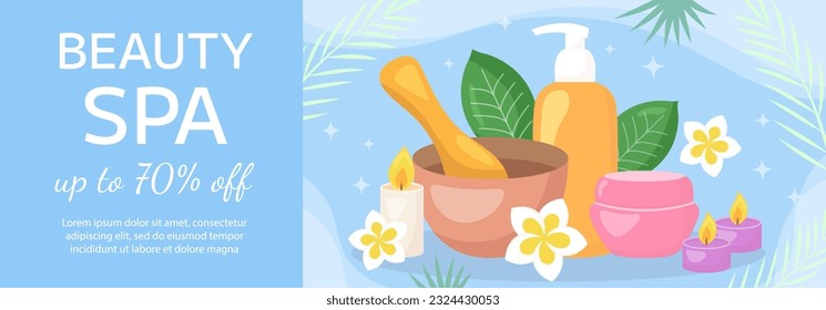 Vector beauty spa salon banner template. Cosmetics products, tropical leaves, flowers on blue background. Beauty industry, massage service flyer, brochure, sale coupon