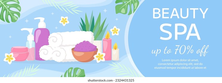 Vector beauty spa salon banner template. Towels, cosmetics products, tropical leaves, flowers on blue background. Beauty industry, massage service flyer, brochure, sale coupon.