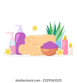 Composición del salón de belleza vectorial. Botellas de cosmético, toallas, flores, velas aisladas en un fondo blanco. Ilustración del concepto de belleza para el cuidado de la piel