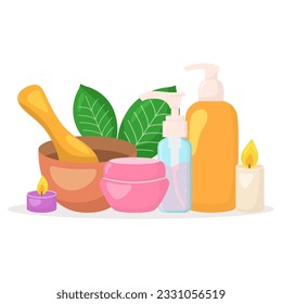 Vector beauty spa salon composition. Cosmetics bottles, towels, hot stones, candles isolated on white background. Skincare beauty concept illustration.