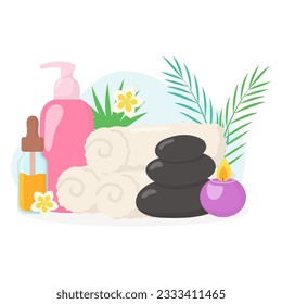 Vector beauty spa salon composition. Cosmetics bottles, towels, hot stones, serum, candles isolated on white background. Skincare beauty concept illustration.