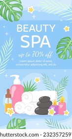 Vector beauty spa salon poster template. Towels, cosmetics products, black hot stones, tropical leaves, flowers on blue background. Beauty industry, massage service flyer, brochure, sale coupon.