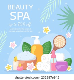 Vector beauty spa salon poster template. Towels, cosmetics products, tropical leaves, flowers on blue background. Beauty industry, massage service flyer, brochure, sale coupon