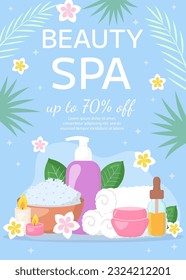 Vector beauty spa salon poster template. Jar of cream, cosmetics products, tropical leaves, herbal bag, flowers on blue background. Beauty industry, massage service flyer, brochure, sale coupon.