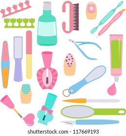 Vector of Beauty tools, Manicure, Pedicure for Hands and Feet Treatment, hoof stick, cuticle remover in pastel. A set of cute and colorful icon collection isolated on white background