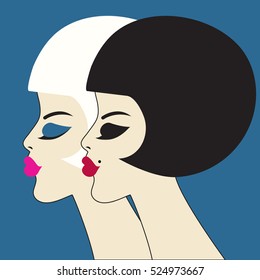 Vector beauty. Two graceful women's profiles.  Bob haircut, makeup. Beautiful faces of girls in retro style. Beauty salon.