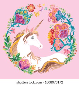 Vector beauty unicorn with flowers in circle composition. Colorful ornamental illustration isolated on pink background. For T Shirt, stickers, design and tattoo.