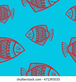 Vector beautyful seamless with  hand drawn fish isolated on white