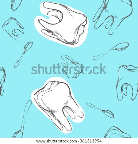 Vector beautyful seamless with teeth and spoon on blue, for invitations and card.