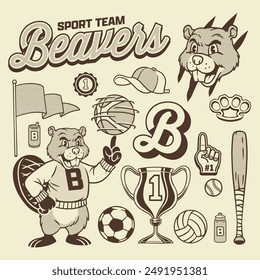 Vector of Beaver Mascot Vintage Hand Drawn Object Set