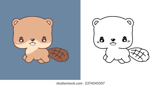 Vector Beaver Multicolored and Black and White. Beautiful Clip Art Forest Animal. Cartoon Vector Illustration of Kawaii Animal for Stickers, Prints for Clothes, Baby Shower. 