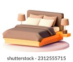 Vector bed with bedding and bedside lamps illustration. Modern furniture. Bed with blanket, pillows, lamps