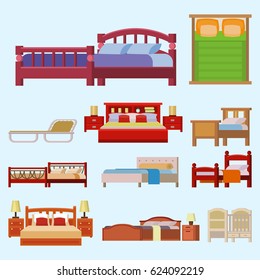 Vector bed icon set interior home rest collection sleep furniture comfortable night illustration.