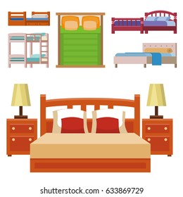 Vector bed icon set interior home rest collection sleep furniture comfortable night illustration.