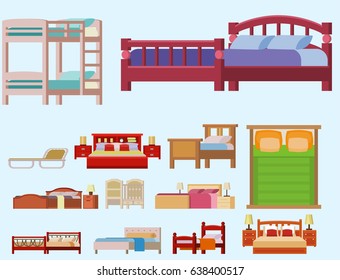 Vector bed icon set interior home rest collection sleep furniture comfortable night illustration.